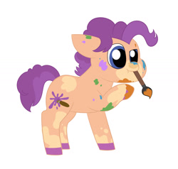 Size: 1848x1761 | Tagged: safe, artist:queenderpyturtle, oc, oc:paint splat, earth pony, pony, colt, foal, male, mouth hold, paintbrush, simple background, solo, white background