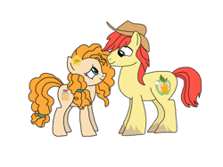 Size: 2048x1536 | Tagged: safe, artist:chanyhuman, bright mac, pear butter, earth pony, pony, g4, buttercup, female, flower, flower in hair, folk, hat, looking at each other, looking at someone, male, mare, ship:brightbutter, shipping, simple background, stallion, straight, white background