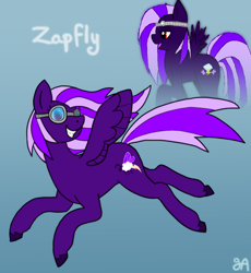 Size: 810x882 | Tagged: safe, artist:greenarsonist, oc, oc only, oc:zapfly, pegasus, pony, female, filly, flying, foal, goggles, pegasus oc, redraw, smiling, spread wings, unshorn fetlocks, wings