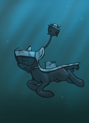 Size: 2170x3000 | Tagged: safe, artist:t72b, boatpony, pony, submarine pony, boat, camouflage, female, high res, mare, mouth hold, ponified, sea mine, simple background, solo, submareine, submarine, swimming, type ix, u-boat, underwater
