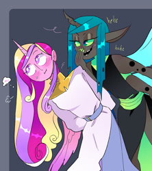 Size: 1234x1389 | Tagged: safe, artist:stevetwisp, princess cadance, queen chrysalis, human, g4, blushing, colored, cute, female, horn, horned humanization, humanized, infidelity, laughing, lesbian, ship:cadalis, shipping, simple background, winged humanization, wings