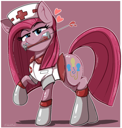 Size: 945x992 | Tagged: safe, artist:malachimoet, pinkie pie, earth pony, pony, g4, hat, looking at you, mouth hold, needle, nurse, nurse hat, nurse outfit, pinkamena diane pie, solo, syringe, this will end in cupcakes, this will end in pain