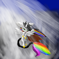 Size: 2000x2000 | Tagged: safe, artist:billyggruff, oc, oc only, oc:lightning bliss, alicorn, pony, alicorn oc, cape, clothes, crepuscular rays, cute, female, flying, green eyes, high res, horn, mare, multicolored hair, ocbetes, rainbow hair, rainbow tail, smiling, solo, spread wings, tail, wings