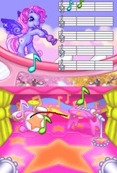Size: 800x1176 | Tagged: safe, starsong, g3, bipedal, drums, flute, game, keyboard, microphone, microphone stand, music notes, musical instrument, nintendo ds, pinkie pie's party, sheet music, sparkles, spread wings, stars, wings, youtube link