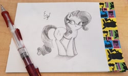 Size: 3666x2186 | Tagged: safe, artist:engi, rarity, pony, unicorn, beautiful, cute, looking at you, pencil drawing, photo, raribetes, simple background, traditional art