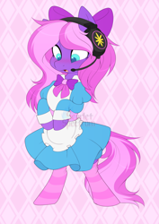 Size: 1010x1427 | Tagged: safe, artist:scarlet-spectrum, oc, oc only, oc:lillybit, adorkable, bow, clothes, commission, cute, dork, gaming headset, headphones, headset, maid, ribbon, socks, striped socks, your character here