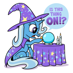 Size: 1950x1950 | Tagged: safe, artist:mellodillo, trixie, pony, unicorn, g4, candle, crystal ball, dialogue, female, mare, meme, poking, pondering my orb, simple background, sitting, solo, speech bubble, table, white background