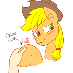 Size: 1280x1280 | Tagged: safe, artist:cjv2004, applejack, earth pony, pony, g4, blushing, cute, hand, hat, hooves debate, offscreen character, offscreen human, simple background, spanish, white background