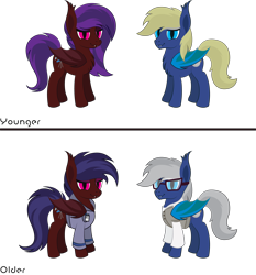 Size: 3956x4243 | Tagged: safe, artist:tikibat, derpibooru exclusive, oc, oc only, oc:scarlet eclipse, oc:scarlet moon, oc:silver eclipse, bat pony, pony, fanfic:do ponies on earth have magic dreams?, fanfic:pandemic, age progression, badge, bat pony oc, bat wings, clothes, ear fluff, eyeshadow, fanfic art, fangs, female, id badge, makeup, male, mare, membranous wings, older, simple background, slit pupils, socks, stallion, transparent background, wings, younger