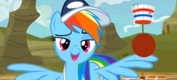 Size: 2400x1080 | Tagged: safe, screencap, rainbow dash, pegasus, pony, common ground, season 9, spoiler:s09, bronybait, buckball, coach rainbow dash, coaching cap, female, lidded eyes, looking at camera, mare, offscreen character, open mouth, open smile, rainbow dashs coaching whistle, smiling, solo, spread wings, whistle, whistle necklace, wing hands, wings