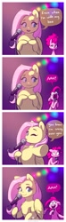 Size: 1217x4096 | Tagged: safe, artist:katputze, fluttershy, pinkie pie, earth pony, pegasus, pony, bipedal, comic, dialogue, dilemma, duet, eyes closed, looking at you, lyrics, microphone, one eye closed, pointing, pointing at you, singing, speech bubble, text, wide eyes, wink, winking at you