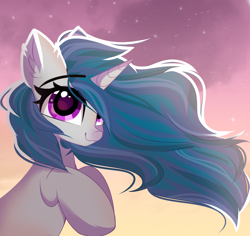 Size: 2630x2480 | Tagged: safe, artist:janelearts, oc, oc only, oc:pillow art, pony, unicorn, commission, crossed hooves, eye clipping through hair, eyebrows, eyebrows visible through hair, female, high res, hooves to the chest, horn, long mane, looking at you, mare, not izzy moonbow, purple eyes, smiling, smiling at you, solo, sunset, unicorn oc, windswept mane, ych result