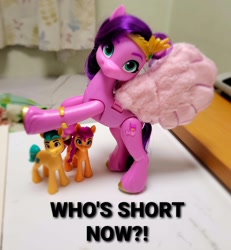 Size: 2536x2749 | Tagged: safe, hitch trailblazer, pipp petals, sunny starscout, earth pony, pegasus, pony, g5, high res, irl, photo, pipp is short, pipp is tall, size difference, toy