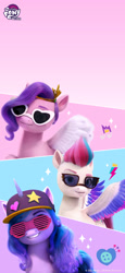 Size: 1080x2341 | Tagged: safe, izzy moonbow, pipp petals, sunny starscout, zipp storm, pegasus, pony, unicorn, g5, official, abstract background, female, mare, my little pony logo, rapper, sunglasses, wallpaper, weibo