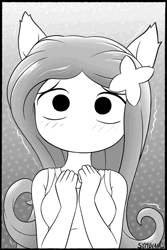 Size: 600x900 | Tagged: safe, artist:symbianl, fluttershy, human, g4, adorable distress, animated, anime reference, anime style, bare shoulders, black and white, blushing, breasts, busty fluttershy, cat ears, crossover, cute, daaaaaaaaaaaw, dither strobe, female, flower, flower in hair, flutter can't communicate, front view, gif, grayscale, hnnng, humanized, komi can't communicate, monochrome, nekomimi, no mouth, no nose, shaking, shivering, shoko komi, shy, shyabetes, solo, style emulation