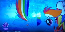 Size: 2937x1431 | Tagged: safe, rainbow dash, pegasus, pony, g4, eyelashes, female, flying, logo, mare, netflix, photo, picture of a screen, solo