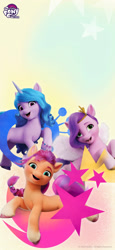 Size: 1080x2341 | Tagged: safe, izzy moonbow, pipp petals, sunny starscout, earth pony, pegasus, pony, unicorn, g5, official, abstract background, female, mare, my little pony logo, stock render, wallpaper, weibo