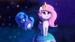 Size: 1920x1080 | Tagged: safe, artist:rodrigues404, edit, princess celestia, princess luna, alicorn, pony, cewestia, cute, cutelestia, duo, duo female, earth, female, filly, foal, lunabetes, moon, royal sisters, siblings, sisters, space, tangible heavenly object, wallpaper, wallpaper edit, woona, younger