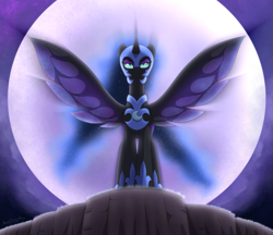 Size: 4620x4000 | Tagged: safe, artist:aarondrawsarts, nightmare moon, alicorn, pony, g4, absurd resolution, backlighting, commission, commissioner:reversalmushroom, female, lidded eyes, looking at you, mare, moon, smiling, smiling at you, smirk, solo, spread wings, wings