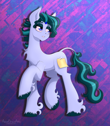 Size: 4200x4840 | Tagged: safe, artist:aarondrawsarts, oc, oc:facade, pony, unicorn, chest fluff, commission, commissioner:reversalmushroom, covered cutie mark, horn, male, psychedelic, small horn, sticky note
