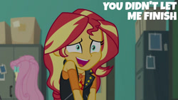 Size: 1280x720 | Tagged: safe, edit, edited screencap, editor:quoterific, screencap, fluttershy, sunset shimmer, human, equestria girls, equestria girls series, forgotten friendship, g4, clothes, cutie mark on clothes, female, geode of empathy, hairpin, jacket, leather jacket, leather vest, magical geodes, necktie, open mouth, open smile, smiling, solo focus, text
