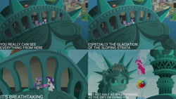 Size: 1280x720 | Tagged: safe, edit, edited screencap, editor:quoterific, screencap, maud pie, pinkie pie, rarity, earth pony, pony, unicorn, g4, season 6, the gift of the maud pie, balloon, female, grin, mare, nose in the air, open mouth, open smile, smiling, statue of friendship, text, trio
