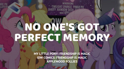 Size: 1280x720 | Tagged: safe, edit, editor:quoterific, idw, applejack, fluttershy, pinkie pie, rainbow dash, rarity, spike, twilight sparkle, alicorn, dragon, earth pony, pegasus, pony, unicorn, g4, applejack's hat, applewood follies, cowboy hat, eyes closed, female, hat, male, mane seven, mane six, mare, offscreen character, open mouth, open smile, smiling, text, twilight sparkle (alicorn)