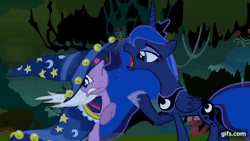 Size: 640x360 | Tagged: safe, screencap, princess luna, twilight sparkle, alicorn, pony, unicorn, g4, luna eclipsed, season 2, animated, crown, duo, ethereal mane, ethereal tail, female, gif, gifs.com, height difference, hoof shoes, jewelry, mare, one eye closed, open mouth, princess shoes, regalia, slender, star swirl the bearded costume, starry mane, starry tail, tail, thin, traditional royal canterlot voice, unicorn twilight