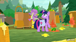 Size: 640x360 | Tagged: safe, screencap, spike, twilight sparkle, alicorn, dragon, pony, g4, season 9, the point of no return, animated, bag, banana, duo, eyes closed, female, flying, food, gif, gifs.com, male, mare, open mouth, saddle bag, spread wings, tomato, twilight sparkle (alicorn), winged spike, wings