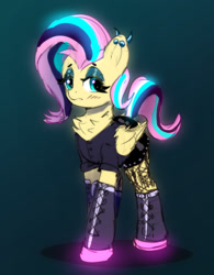 Size: 1406x1800 | Tagged: safe, artist:xbi, fluttershy, pegasus, pony, 30 minute art challenge finished after, alternate hairstyle, boots, clothes, cyberpunk, ear piercing, glowing mane, gradient background, grunge, lidded eyes, looking at you, piercing, shoes, shorts, solo