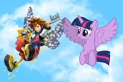 Size: 3000x2000 | Tagged: safe, artist:decprincess, artist:magical-mama, artist:user15432, twilight sparkle, alicorn, fairy, human, pony, arm behind head, barely pony related, cloud, colored wings, crossover, disney, fairy wings, flying, gradient wings, keyblade, kingdom hearts, looking at each other, looking at someone, sky, sora, sparkles, sparkly wings, twilight sparkle (alicorn), weapon, wings