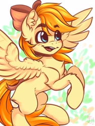 Size: 1200x1600 | Tagged: safe, artist:falafeljake, oc, oc only, oc:deliambre, pegasus, pony, bow, chest fluff, commission, ear fluff, female, hair bow, leg fluff, mare, open mouth, solo, spread wings, wings, ych result