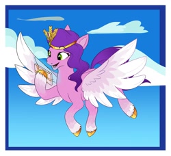 Size: 1801x1644 | Tagged: safe, artist:13_cleric, pipp petals, pegasus, pony, g5, cloud, eyebrows, eyebrows visible through hair, female, flying, mare, open mouth, open smile, phone, sky, smiling, solo, spread wings, wings