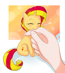Size: 1600x1800 | Tagged: safe, artist:vanillafox2035, sunset shimmer, human, pony, unicorn, biting, cute, eyes closed, hand, micro, nibbling, nom, shimmerbetes, tiny, tiny ponies, weapons-grade cute