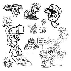 Size: 2048x2048 | Tagged: safe, artist:horsewizardart, applejack, fluttershy, pinkie pie, rainbow dash, trixie, twilight sparkle, earth pony, pegasus, pony, unicorn, g4, alternate hairstyle, black and white, bust, female, grayscale, hat, high res, mare, monochrome, ponytail, shoes, simple background, sketch, sketch dump, sneakers, speech bubble, thought bubble, trucker hat, unicorn twilight, white background