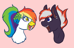 Size: 640x414 | Tagged: safe, artist:mscolorsplash, oc, oc only, oc:bishop, oc:rainbow feather, griffon, hippogriff, pony, bust, commission, duo, ear piercing, earring, female, griffon oc, interspecies offspring, jewelry, looking at each other, looking at someone, magical lesbian spawn, offspring, open mouth, open smile, parent:gilda, parent:rainbow dash, parents:gildash, piercing, pink background, simple background, smiling