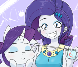 Size: 740x640 | Tagged: safe, artist:batipin, part of a set, rarity, human, pony, unicorn, equestria girls, g4, duo, eyes closed, female, grin, hooves on cheeks, human ponidox, looking at you, mare, measuring tape, rarity peplum dress, self paradox, self ponidox, smiling, teeth