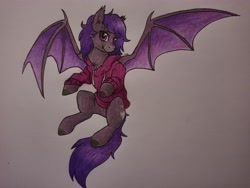 Size: 4624x3472 | Tagged: safe, anonymous artist, oc, oc:midnight purple, bat pony, clothes, facial markings, flying, hoodie, looking at you, male, solo, traditional art