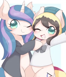 Size: 1217x1431 | Tagged: safe, artist:ginmaruxx, artist:kuzuyukuro, oc, oc only, earth pony, pony, unicorn, blushing, clothes, cute, duo, duo female, eye clipping through hair, female, hat, horn, jacket, looking at you, mare, ocbetes, one eye closed, open mouth, open smile, simple background, smiling, smiling at you, white background, wink, winking at you