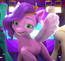 Size: 1054x988 | Tagged: safe, screencap, jazz hooves, pipp petals, rocky riff, earth pony, pegasus, pony, g5, my little pony: make your mark, my little pony: make your mark chapter 1, spoiler:my little pony: make your mark, adorapipp, animated, cute, female, female focus, gif, jewelry, looking at you, male, mare, offscreen character, offscreen male, one eye closed, regalia, smiling, smiling at you, solo focus, spread wings, stallion, trio, wings, wink, winking at you