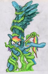 Size: 1624x2509 | Tagged: safe, artist:ja0822ck, rainbow dash, pegasus, pony, g4, biting, female, mare, solo, tentacles, traditional art