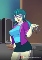 Size: 1240x1754 | Tagged: safe, artist:brother-tico, juniper montage, human, equestria girls, equestria girls specials, g4, movie magic, breasts, busty juniper montage, female, glasses, key, open mouth, solo