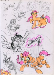 Size: 2214x3057 | Tagged: safe, artist:ja0822ck, queen chrysalis, sunny starscout, twilight sparkle, alicorn, earth pony, pony, g5, book, high res, knife, marionette, rocket, spitting, traditional art, twilight sparkle (alicorn)
