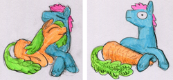 Size: 2755x1278 | Tagged: safe, artist:ja0822ck, oc, pony, carrot, food, traditional art