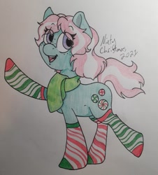 Size: 768x850 | Tagged: safe, artist:eva-dayz, minty, earth pony, pony, a very minty christmas, g3, g4, christmas, clothes, cute, freckles, g3 to g4, generation leap, holiday, mintabetes, pink hair, pink mane, purple eyes, scarf, short tail, socks, solo, striped socks, tail, that pony sure does love socks, traditional art, waving, winter, winter outfit