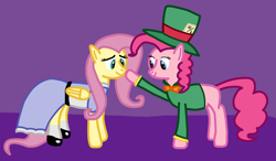 Size: 2120x1234 | Tagged: safe, artist:freestadiumtix, fluttershy, pinkie pie, earth pony, pegasus, pony, g4, alice in wonderland, boop, clothes, crossover, cute, dress, duo, female, mad hatter, mare, mary janes, noseboop, purple background, secret santa, shoes, simple background