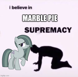 Size: 502x497 | Tagged: safe, edit, marble pie, earth pony, human, pony, g4, duo, female, mare, simple background, supremacy meme, text, text edit, truth, white background