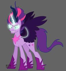 Size: 1426x1546 | Tagged: safe, artist:queertrixie, sci-twi, twilight sparkle, alicorn, pony, equestria girls, g4, alicorn sci-twi, black background, equestria girls ponified, evil smile, eyebrows, female, grin, mare, midnight sparkle, ponified, simple background, smiling, solo, spread wings, wings