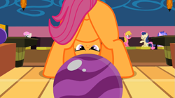 Size: 969x545 | Tagged: safe, edit, edited screencap, screencap, bon bon, cherry berry, scootaloo, sea swirl, seafoam, sweetie drops, twinkleshine, earth pony, pegasus, pony, unicorn, g4, season 2, the cutie pox, bowling ball, butt, female, filly, foal, looking between legs, mare, out of context, plot, scootabutt, upside down