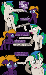 Size: 1920x3168 | Tagged: safe, artist:alexdti, oc, oc only, oc:purple creativity, oc:star logic, pegasus, pony, unicorn, comic:quest for friendship, black background, blushing, comic, crying, dialogue, duo, female, floppy ears, folded wings, glasses, high res, hoof on chest, hooves, hooves behind head, horn, looking at each other, looking at someone, looking back, male, mare, misspelling, narrowed eyes, open mouth, pegasus oc, raised hoof, raised leg, shrunken pupils, simple background, speech bubble, stallion, standing, tail, two toned mane, two toned tail, unicorn oc, wings, yelling